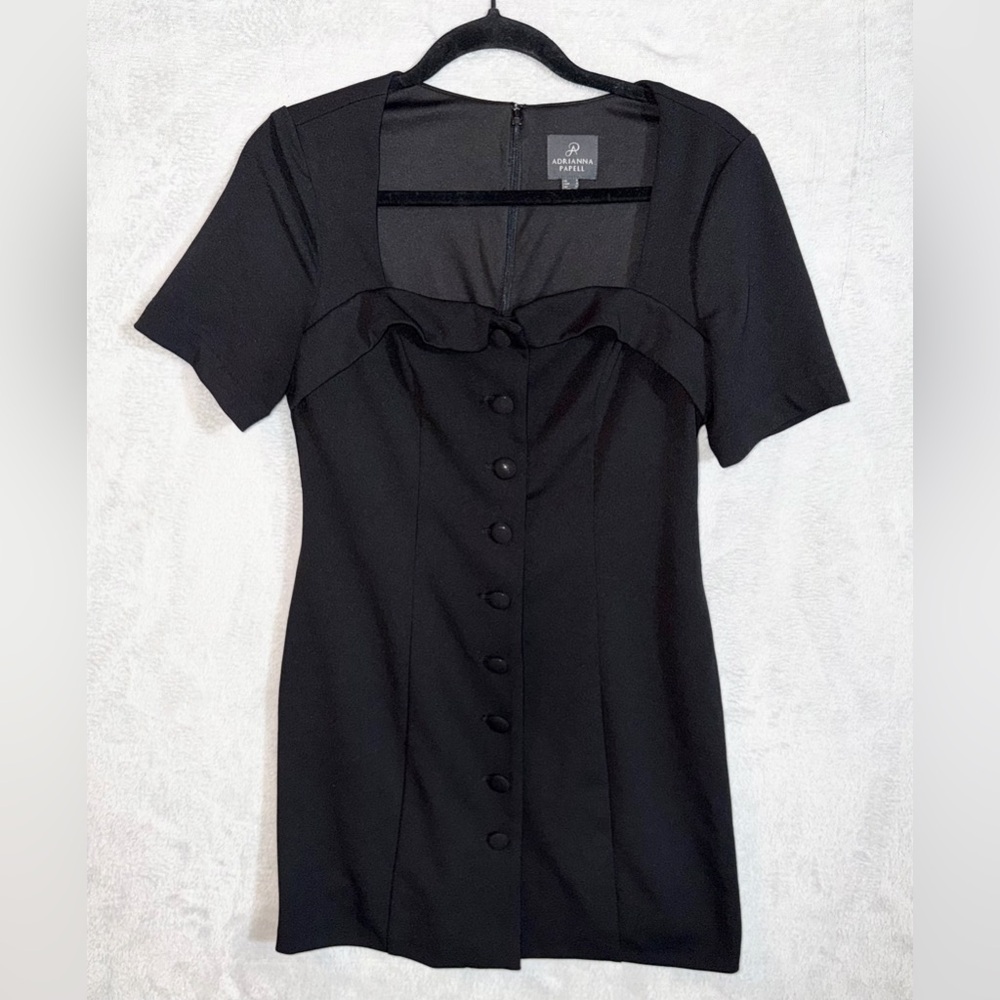 Adrianna Papell Black Mini Dress Buttons Cocktail‎ Dress Short Sleeve Size 8 EUC